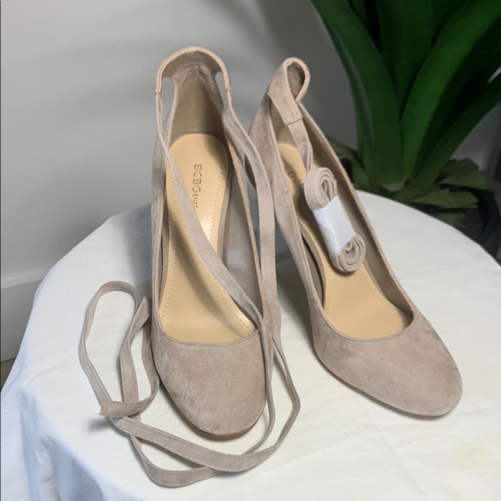 BCBGeneration Tan Heels with Ankle Wrap Design